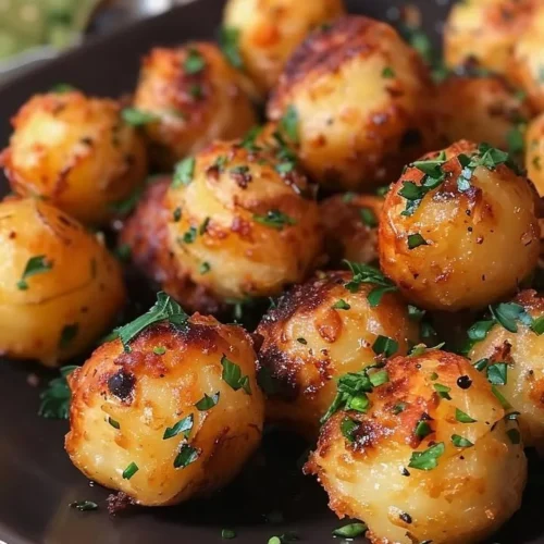 Crispy garlic potato pops served on a plate with dipping sauce