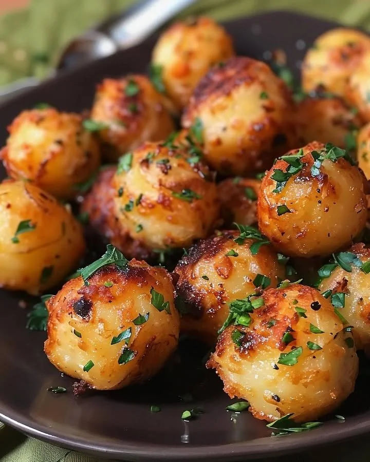 Crispy garlic potato pops served on a plate with dipping sauce