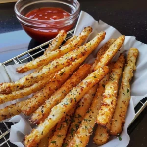 Crispy golden Parmesan Potato Fries garnished with herbs