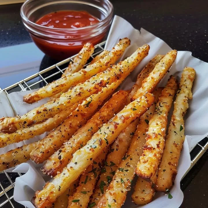 Crispy golden Parmesan Potato Fries garnished with herbs