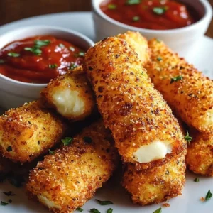 Crispy homemade mozzarella sticks served with marinara sauce.