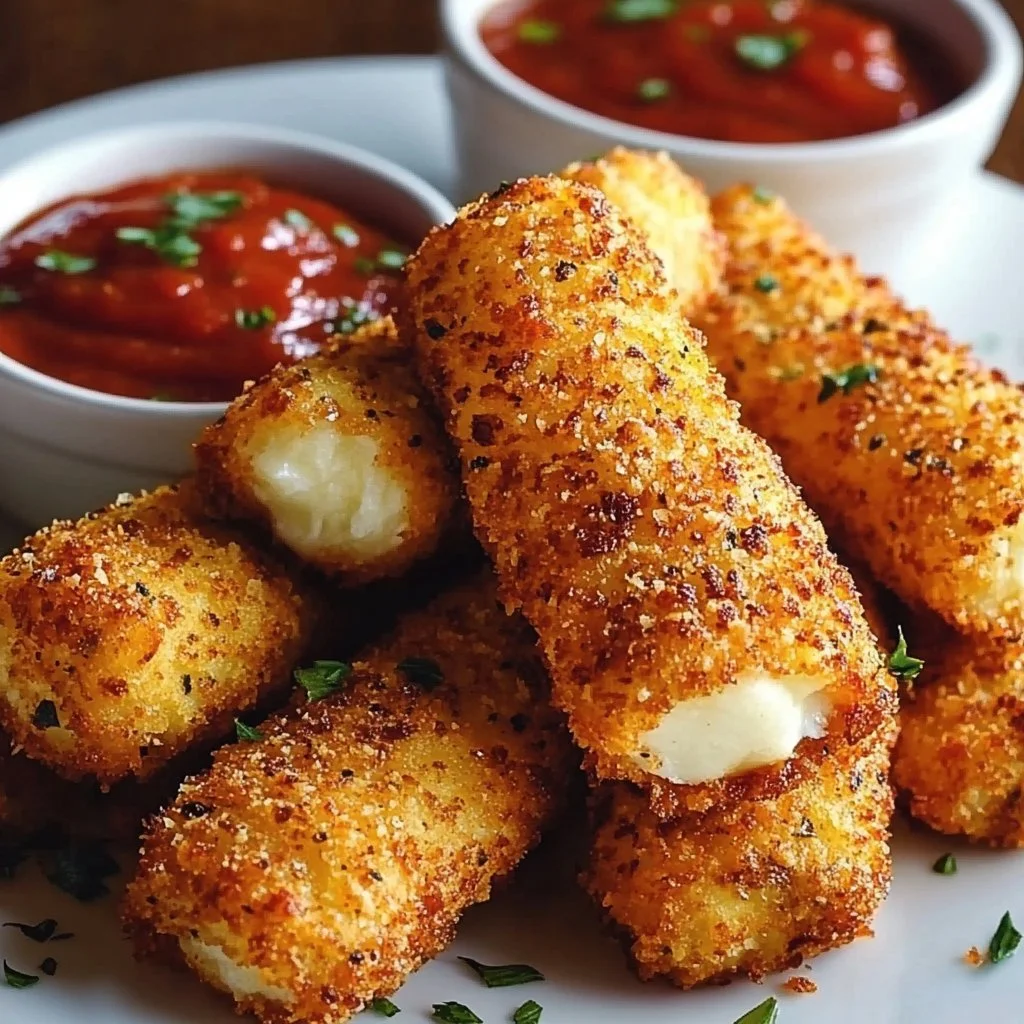 Crispy homemade mozzarella sticks served with marinara sauce.