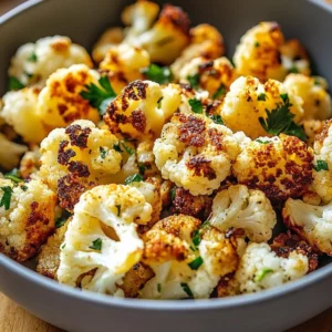 Bowl of crispy roasted cauliflower garnished with herbs and spices