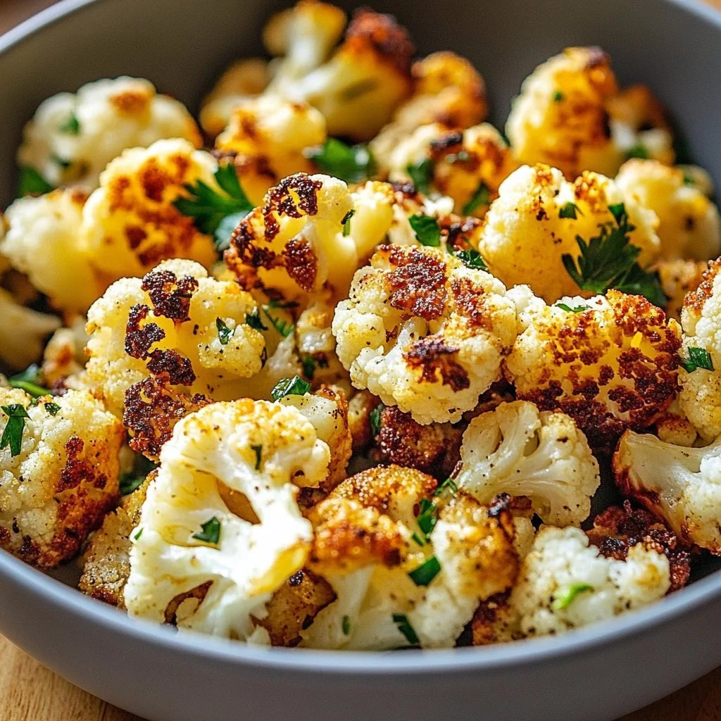 Bowl of crispy roasted cauliflower garnished with herbs and spices