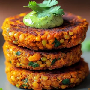 Crispy sweet potato and red lentil patties on a plate with herbs