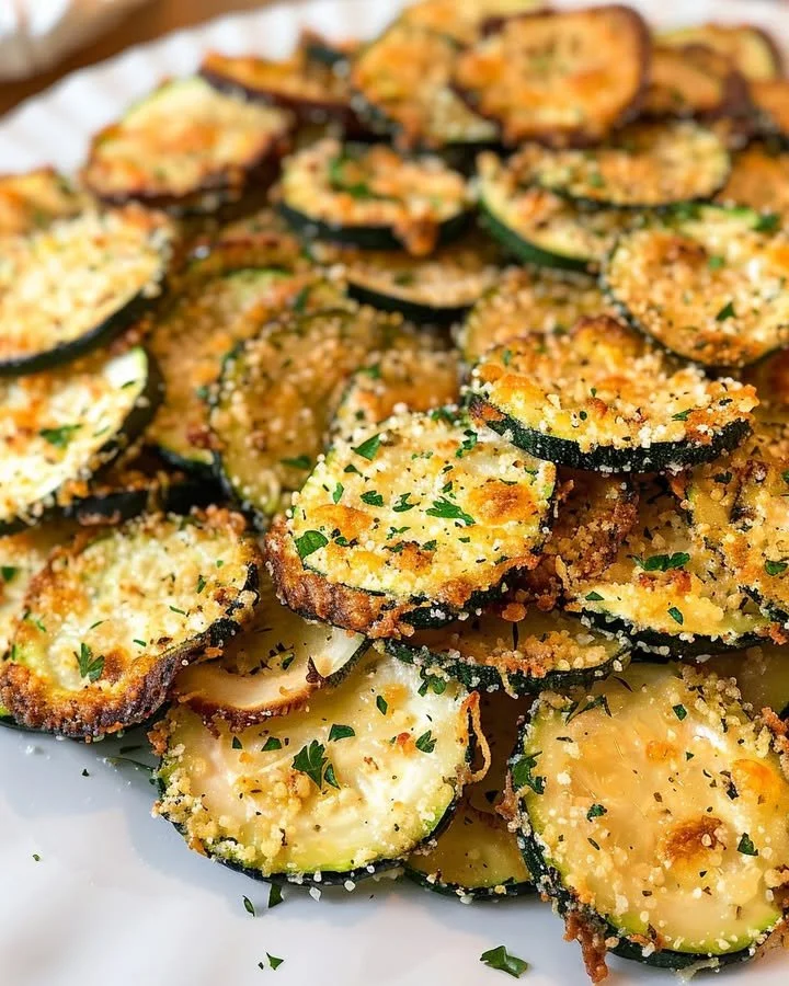 Crispy zucchini chips served in a bowl, a healthy snack recipe.