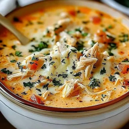 Crock Pot Creamy Chicken Parmesan Soup in a bowl with herbs and cheese