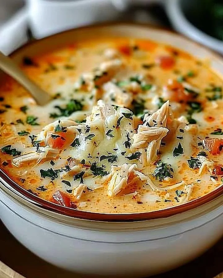 Crock Pot Creamy Chicken Parmesan Soup in a bowl with herbs and cheese