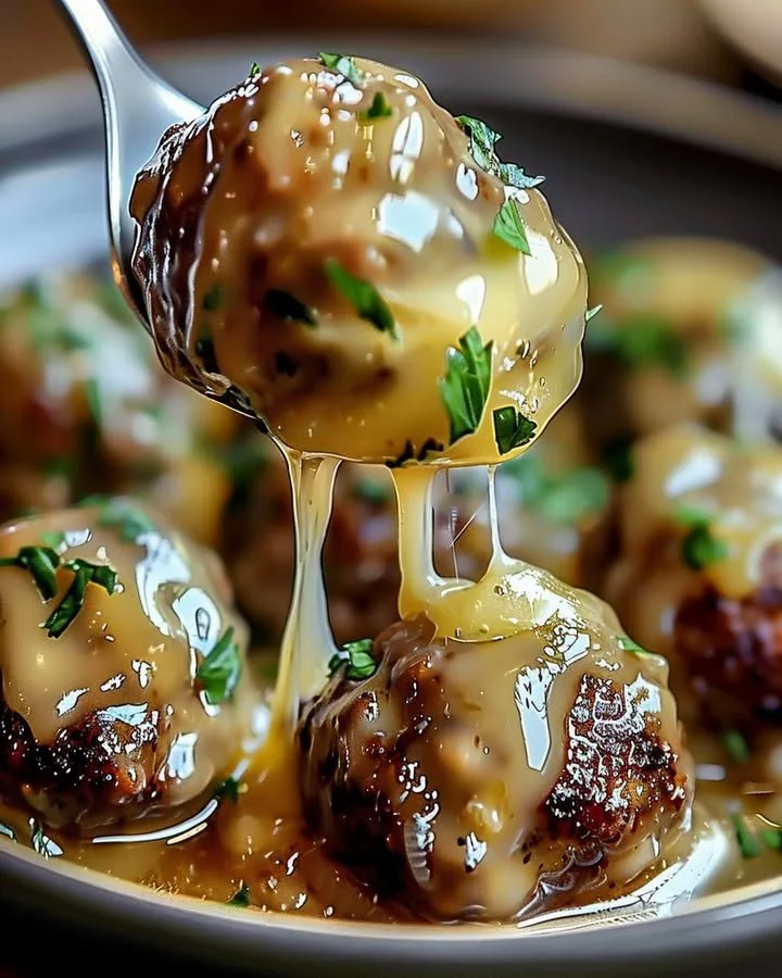 Delicious French Onion Meatballs cooked in a crock pot, topped with melted cheese