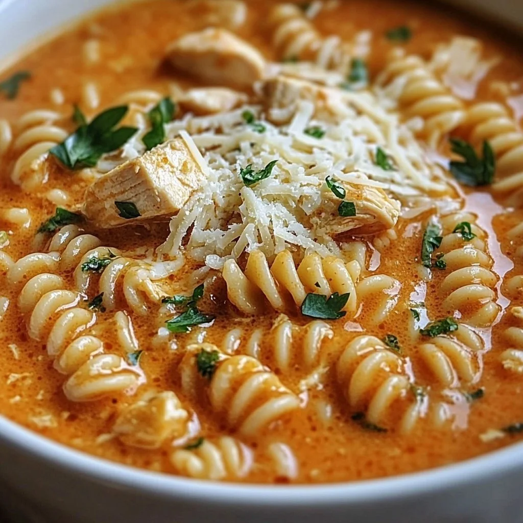Crockpot Chicken Parmesan Soup ready to serve in a bowl with cheese and herbs