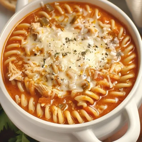 Bowl of Crockpot Chicken Parmesan Soup with cheese and herbs