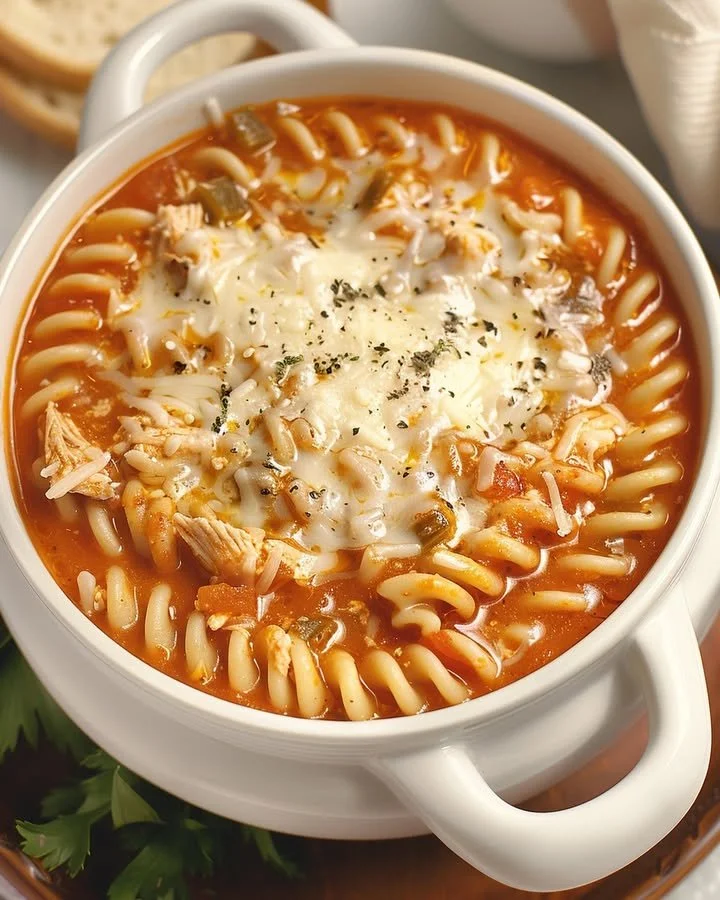Bowl of Crockpot Chicken Parmesan Soup with cheese and herbs