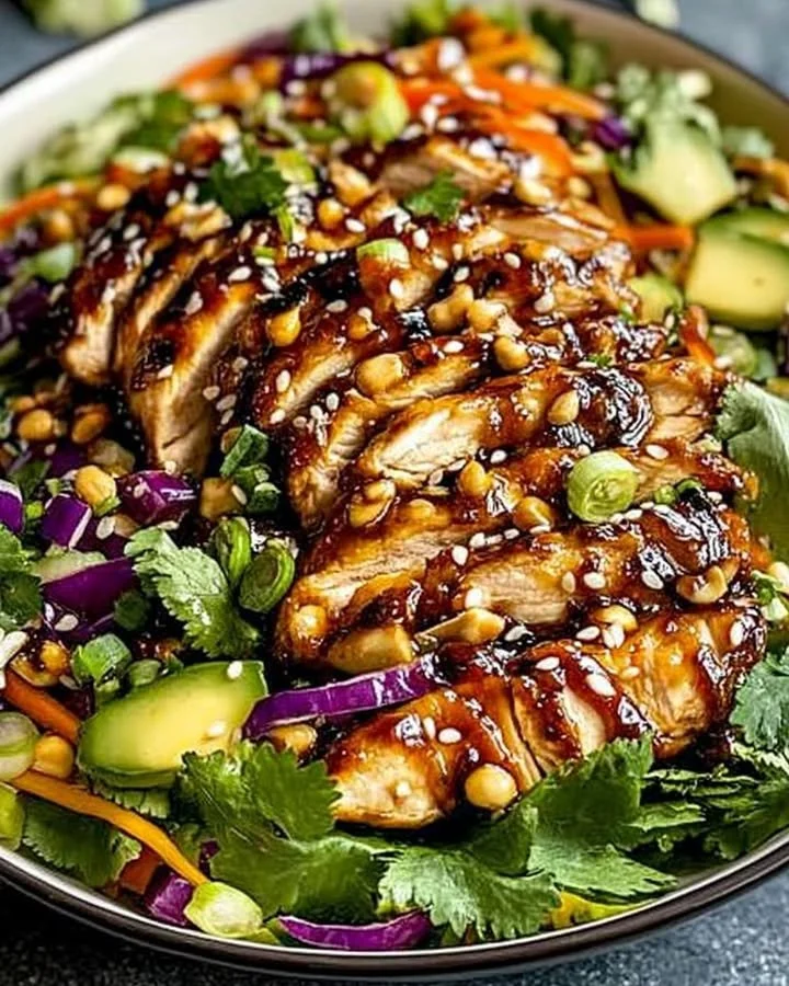 Bowl of crunchy Asian Sesame Chicken Salad with colorful vegetables and sesame dressing.