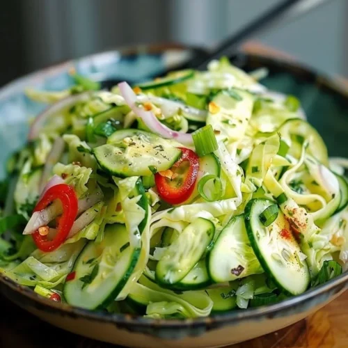 Cucumber and Chinese cabbage salad in a bowl with dressing