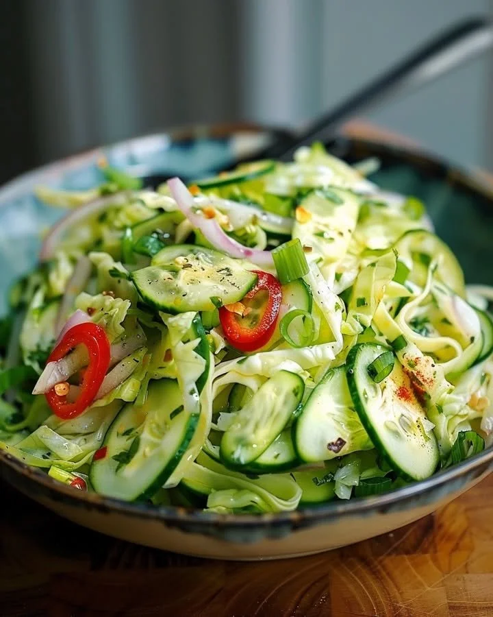 Cucumber and Chinese cabbage salad in a bowl with dressing