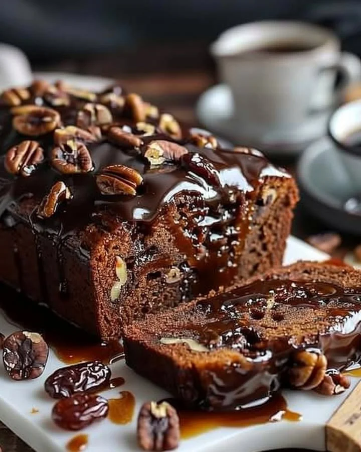 Delicious Date Coffee Loaf Cake topped with walnut pieces and espresso glaze