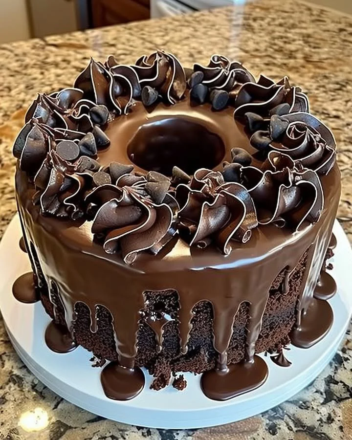 Death by Chocolate Cake topped with rich chocolate frosting and garnished with chocolate shavings
