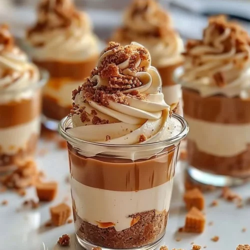 Decadent Biscoff layered cheesecake cups topped with cookie crumbles
