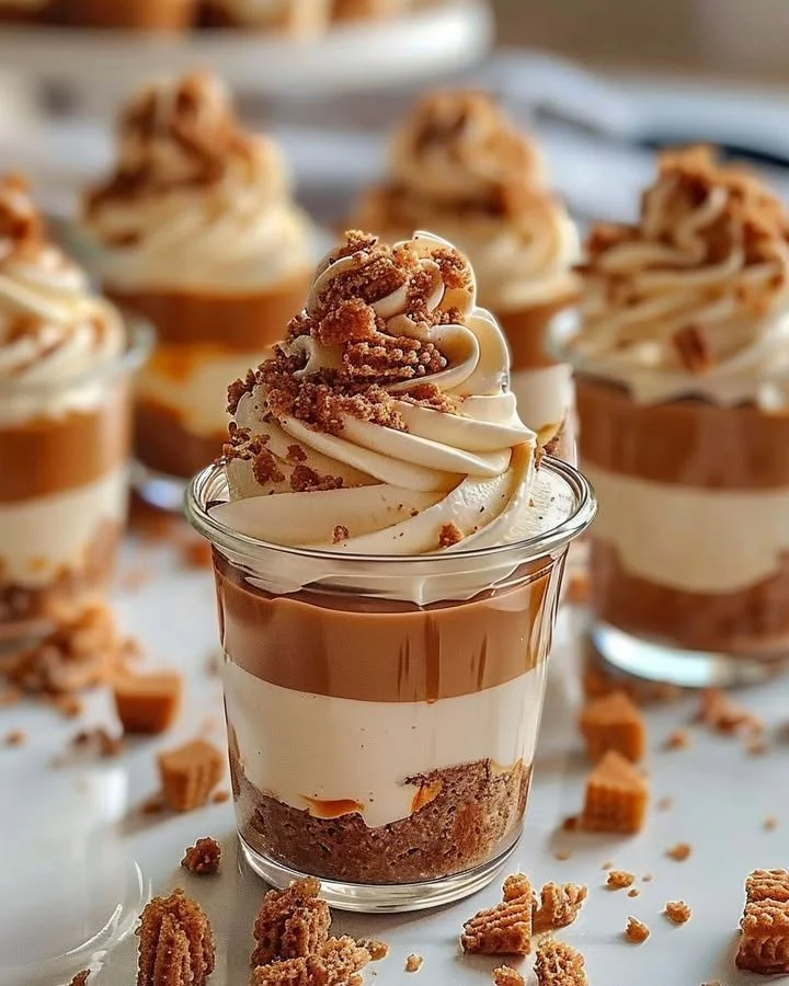 Decadent Biscoff layered cheesecake cups topped with cookie crumbles