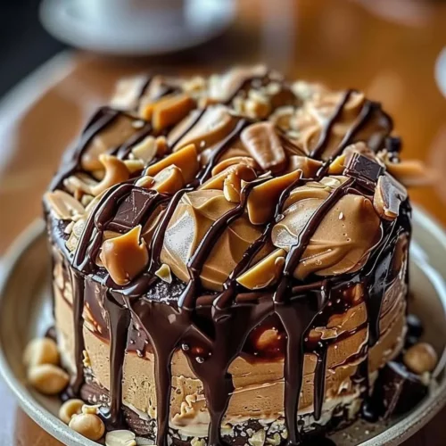 Decadent chocolate peanut butter dessert topped with chocolate drizzle.