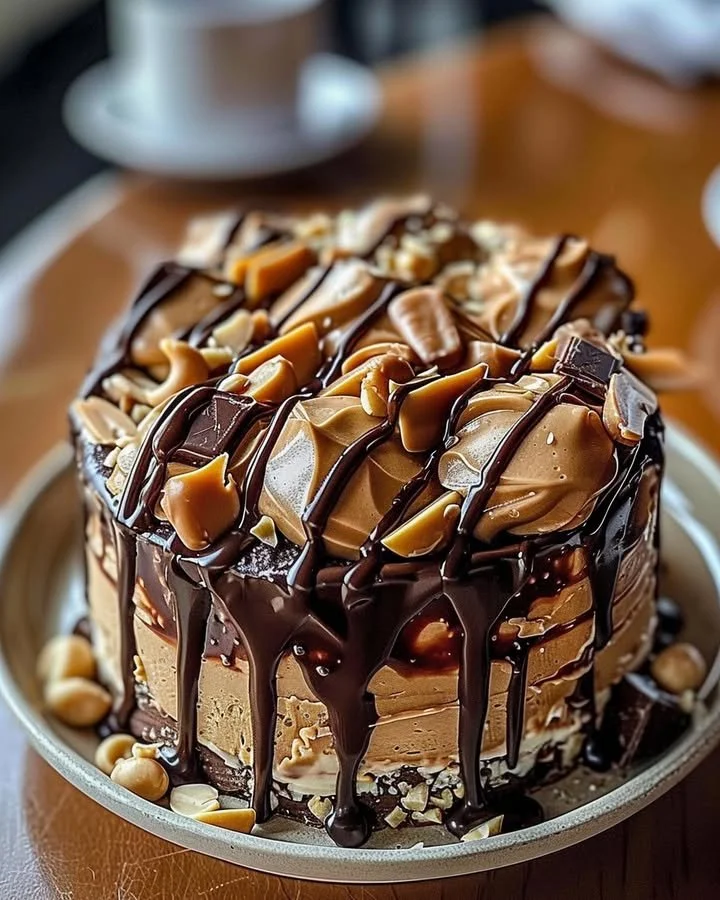Decadent chocolate peanut butter dessert topped with chocolate drizzle.