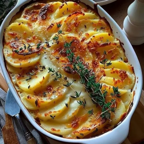 Decadent creamy potato bake topped with cheese and fresh herbs
