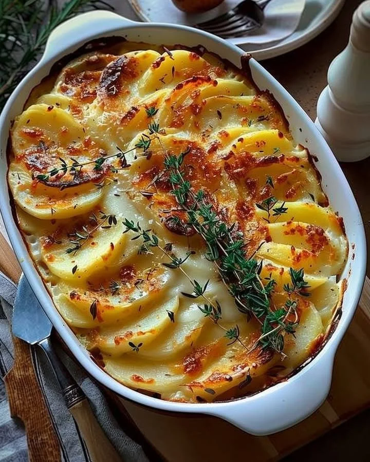 Decadent creamy potato bake topped with cheese and fresh herbs