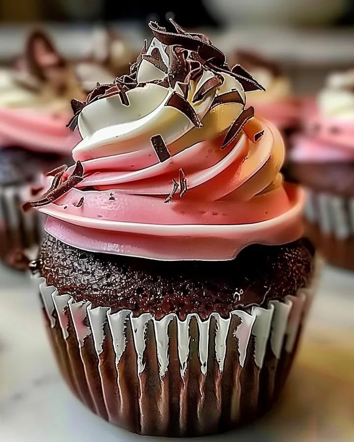 Decadent Neapolitan Cream Cupcakes with chocolate, vanilla, and strawberry layers