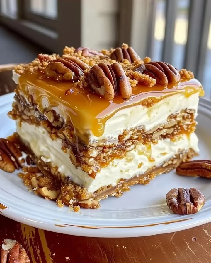 Decadent pecan pie lasagna with cream cheese and caramel layers served on a plate