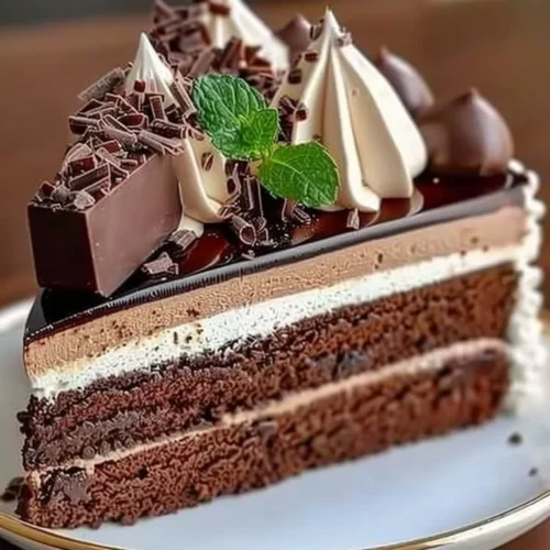 Decadent triple chocolate mousse cake topped with chocolate shavings and berries