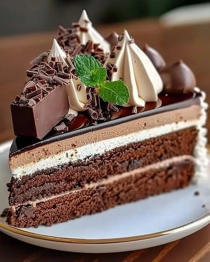 Decadent triple chocolate mousse cake topped with chocolate shavings and berries