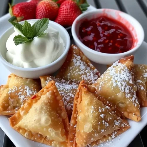Deep-fried strawberry cheesecake stuffed wonton bites served on a plate.