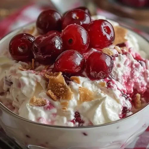 Delicious Cherry Cheesecake Fluff dessert in a bowl, topped with cherries