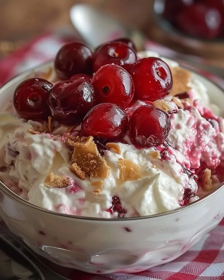 Delicious Cherry Cheesecake Fluff dessert in a bowl, topped with cherries