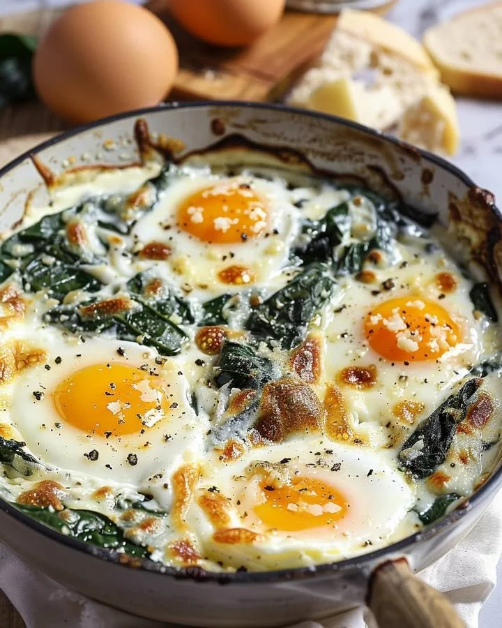 Baked eggs with lemon and parmesan spinach served in a dish