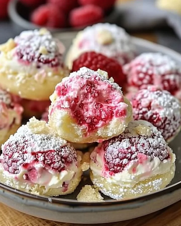 Homemade raspberry cream cheese bites on a plate, garnished with fresh raspberries.