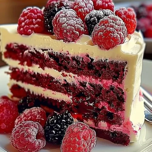 Delightful White Chocolate Raspberry Cake topped with fresh raspberries and white chocolate shavings