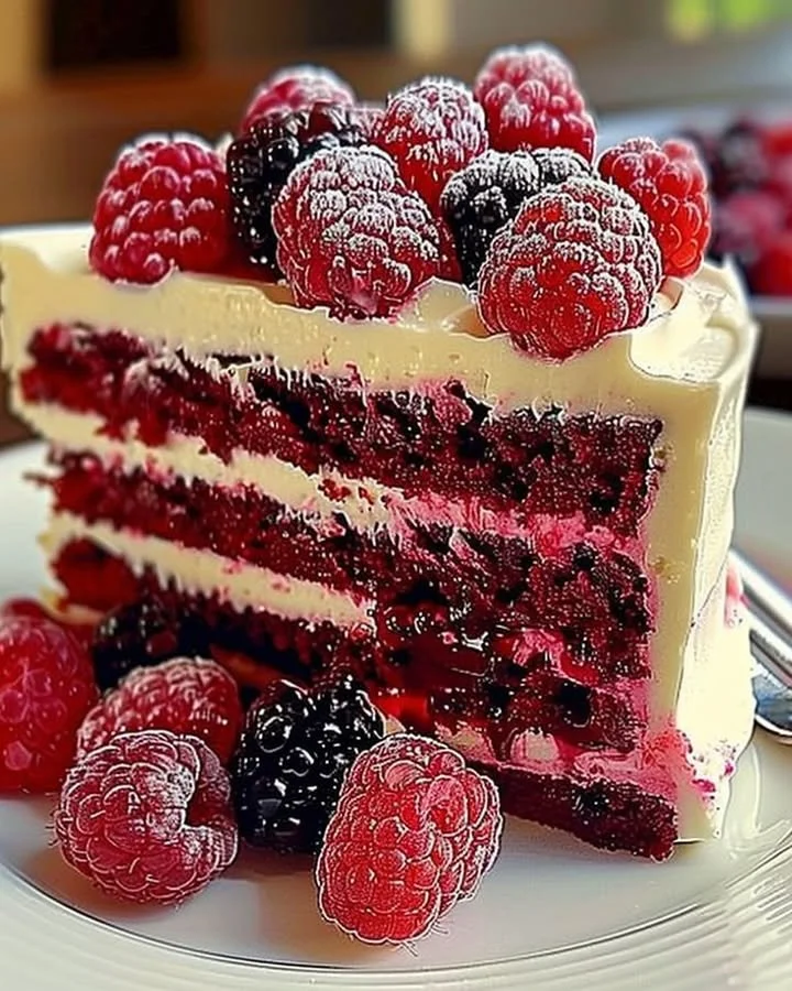 Delightful White Chocolate Raspberry Cake topped with fresh raspberries and white chocolate shavings