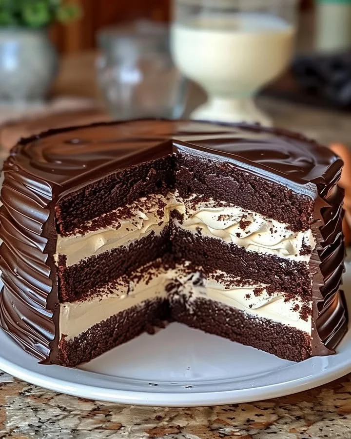 Deliciously rich Ding Dong Cake with chocolate frosting and creamy filling