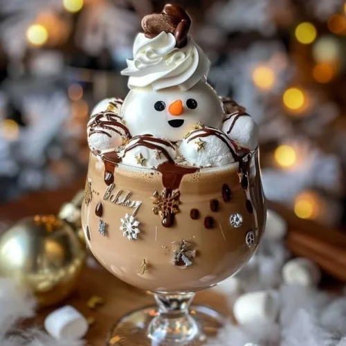 Dirty Snowman Baileys ice cream cocktail served in a glass with whipped cream and decor