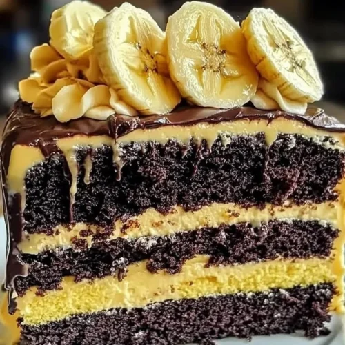 Double chocolate banana layer cake with rich chocolate frosting and banana slices