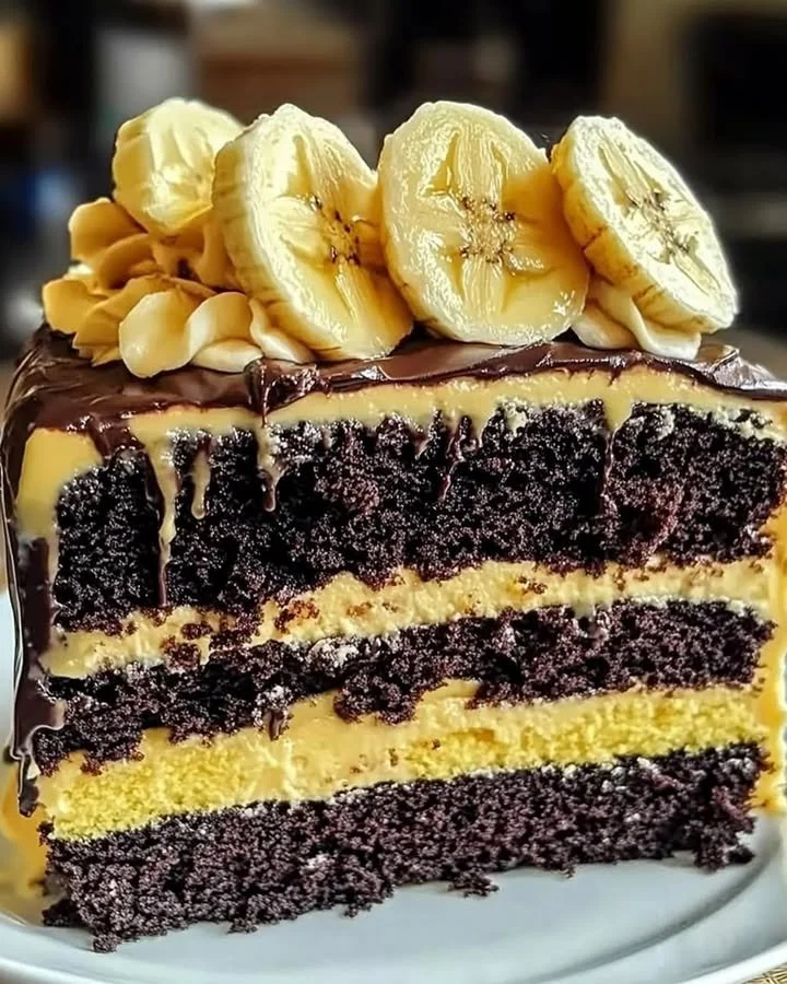 Double chocolate banana layer cake with rich chocolate frosting and banana slices