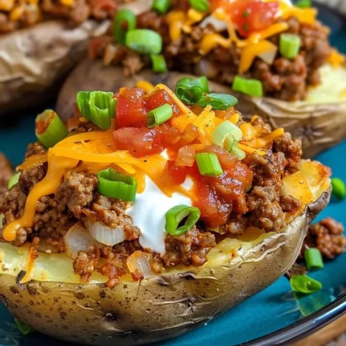 Double stuffed taco potatoes topped with cheese, sour cream, and green onions.