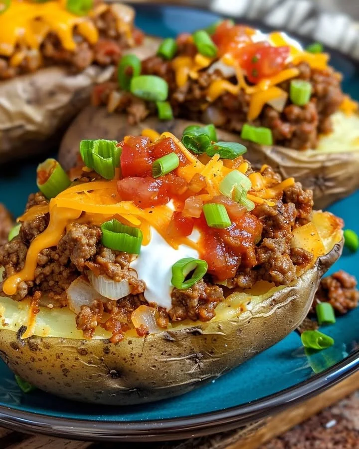 Double stuffed taco potatoes topped with cheese, sour cream, and green onions.
