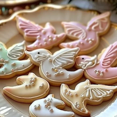 Freshly baked Dove sugar cookies with festive designs and icing