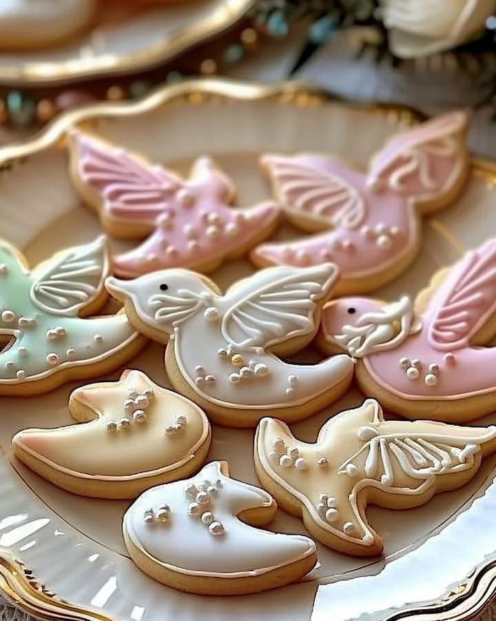 Freshly baked Dove sugar cookies with festive designs and icing
