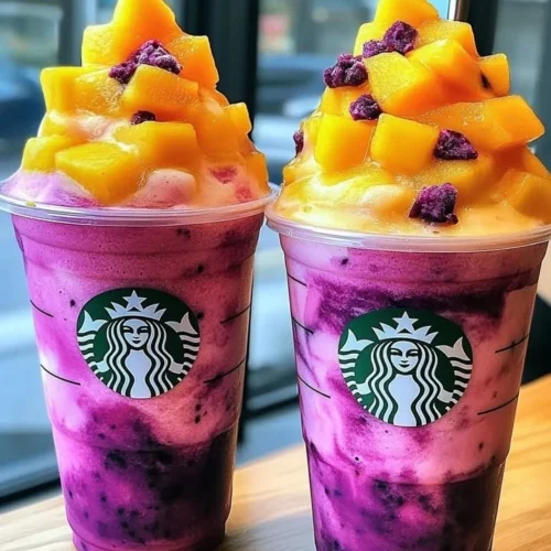 Delicious Dragon Fruit Mango Sunset Flushies Frappuccino in a glass