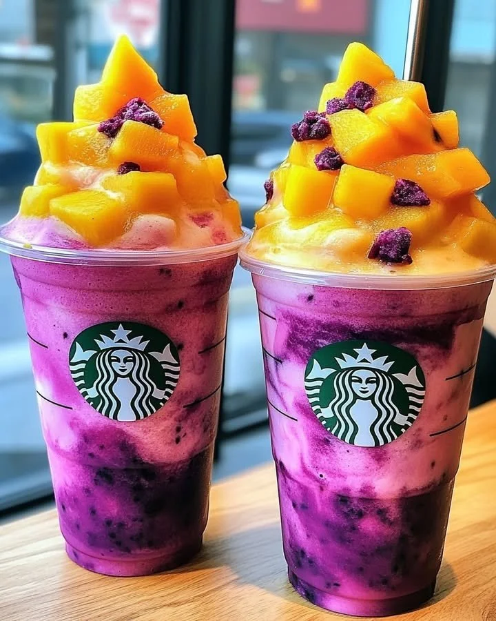 Delicious Dragon Fruit Mango Sunset Flushies Frappuccino in a glass