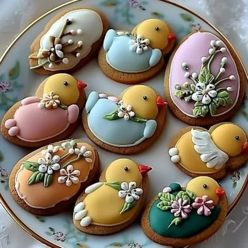 Easter cookies decorated with chick and flower designs for festive celebrations.