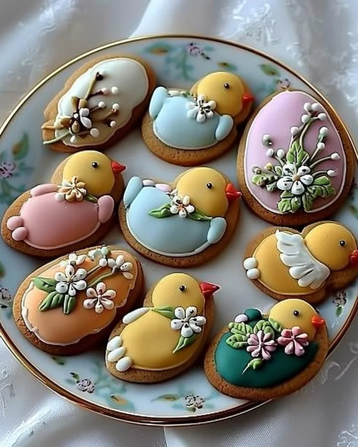 Easter cookies decorated with chick and flower designs for festive celebrations.